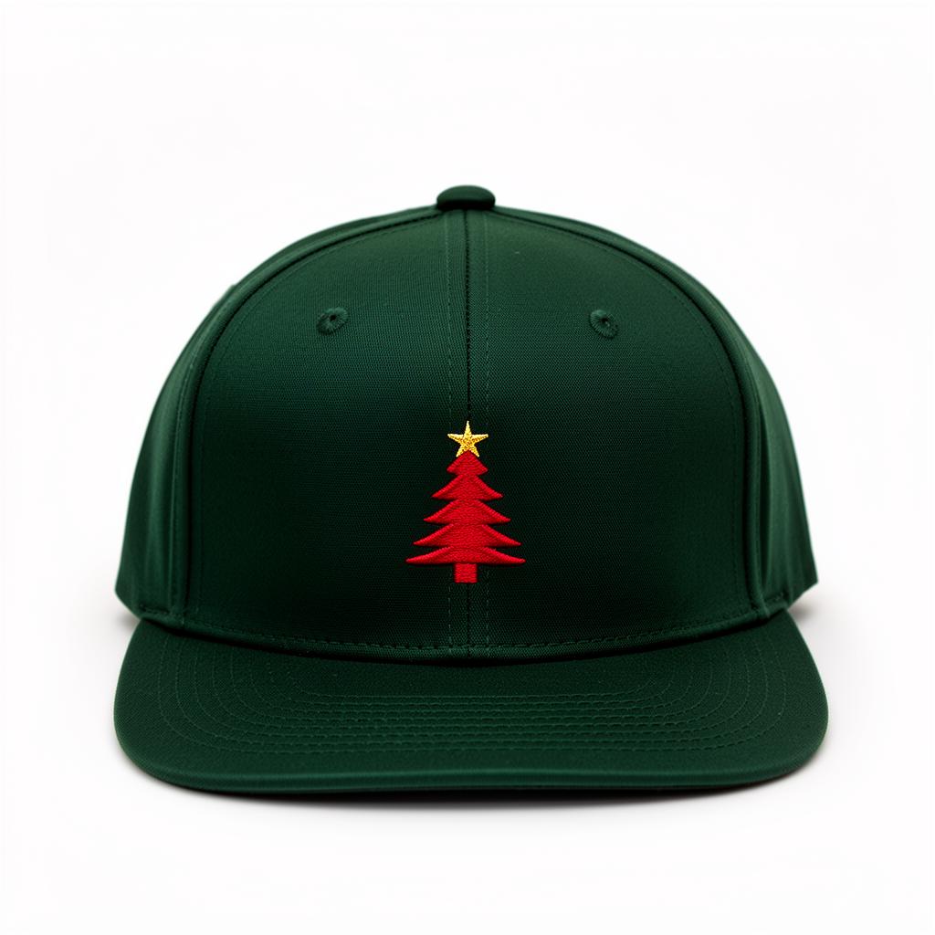 Forest green 5-panel snapback with red Christmas tree embroidery and gold star