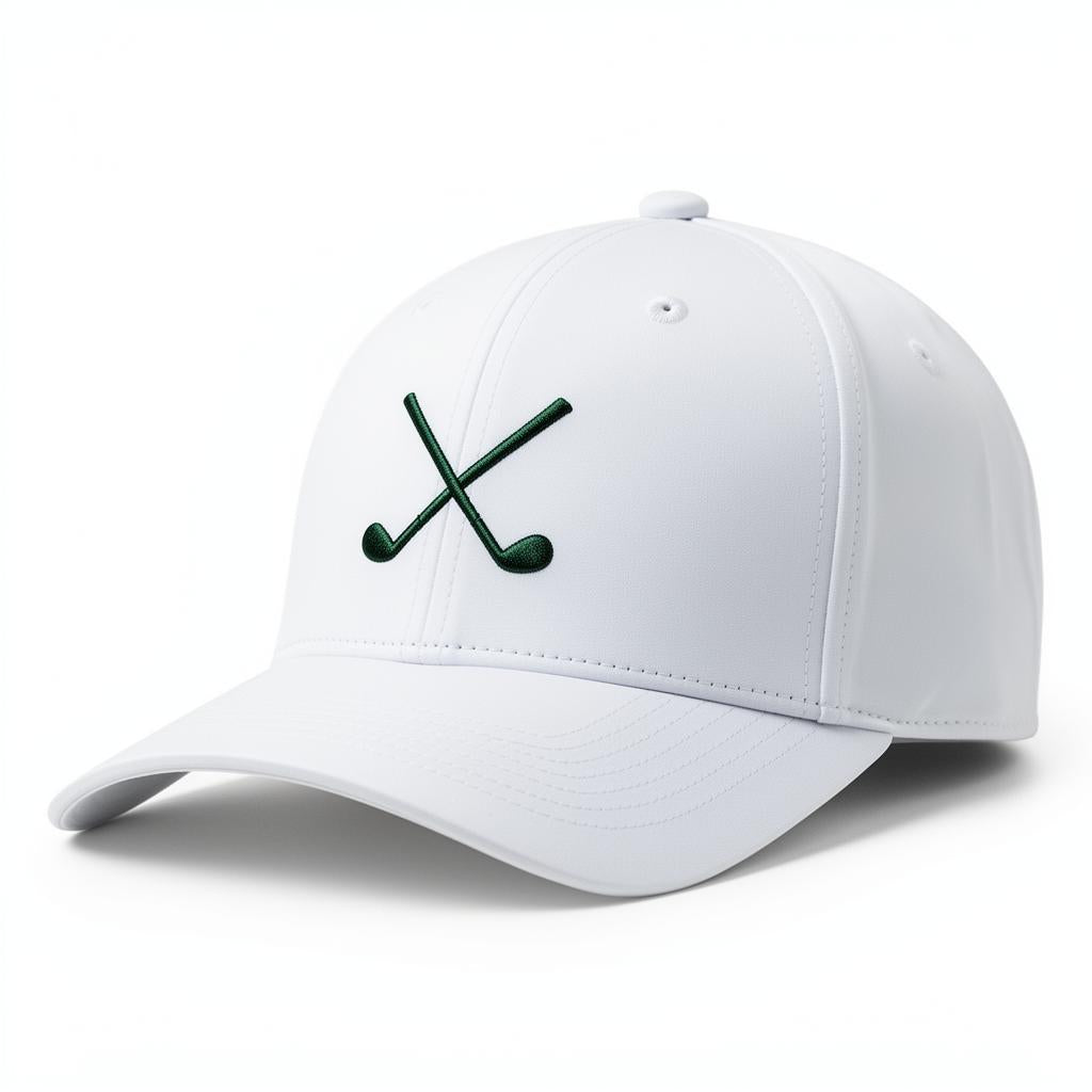 White 5-panel hat with green crossed golf clubs embroidery