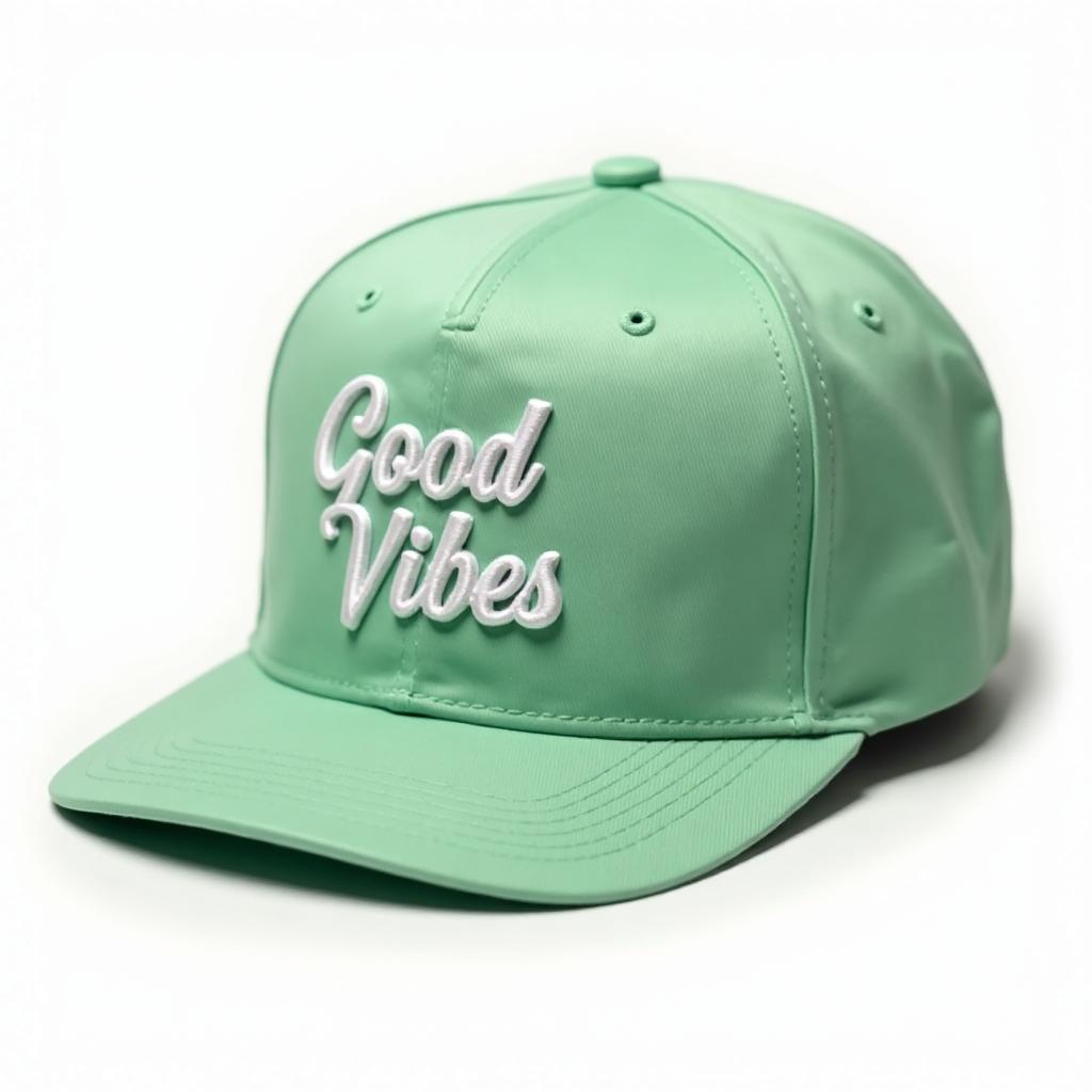Sage green 5-panel hat with Good Vibes embroidery