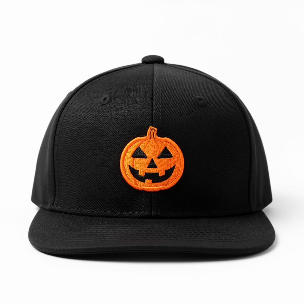 Black 5-panel snapback with orange jack-o-lantern embroidery