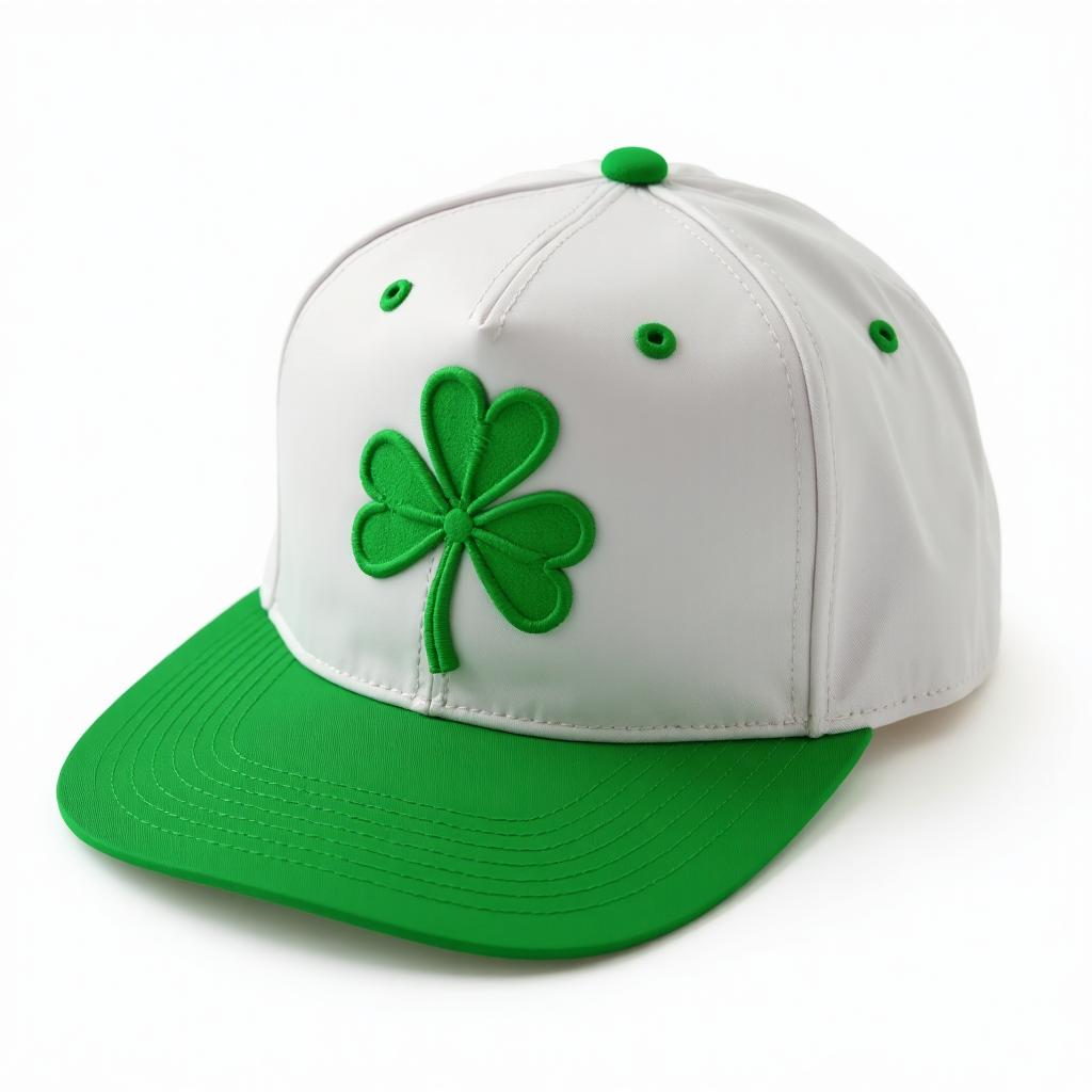 Green and white 5-panel hat with clover embroidery