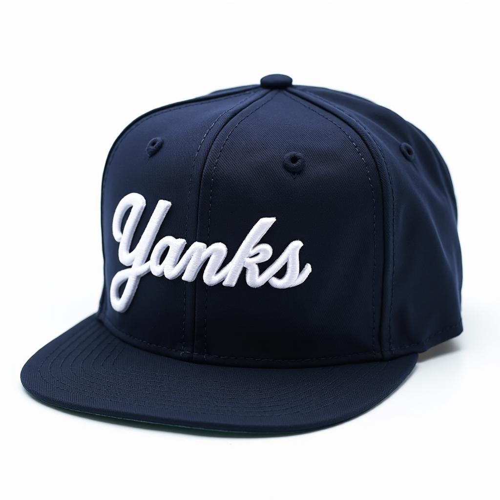 Navy 5-panel hat with Yanks in white puff embroidery