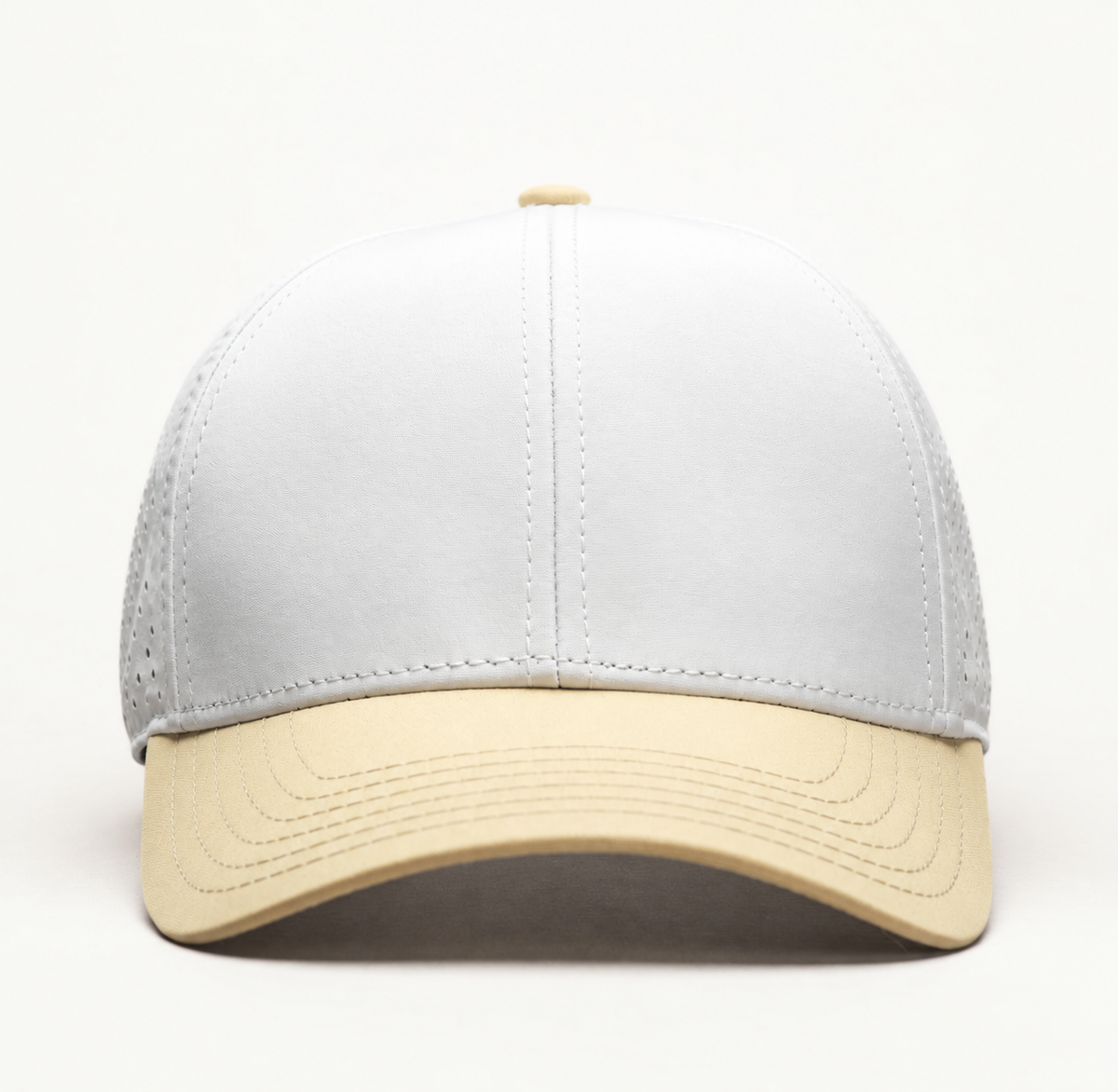 White crown blank hat with tan bill