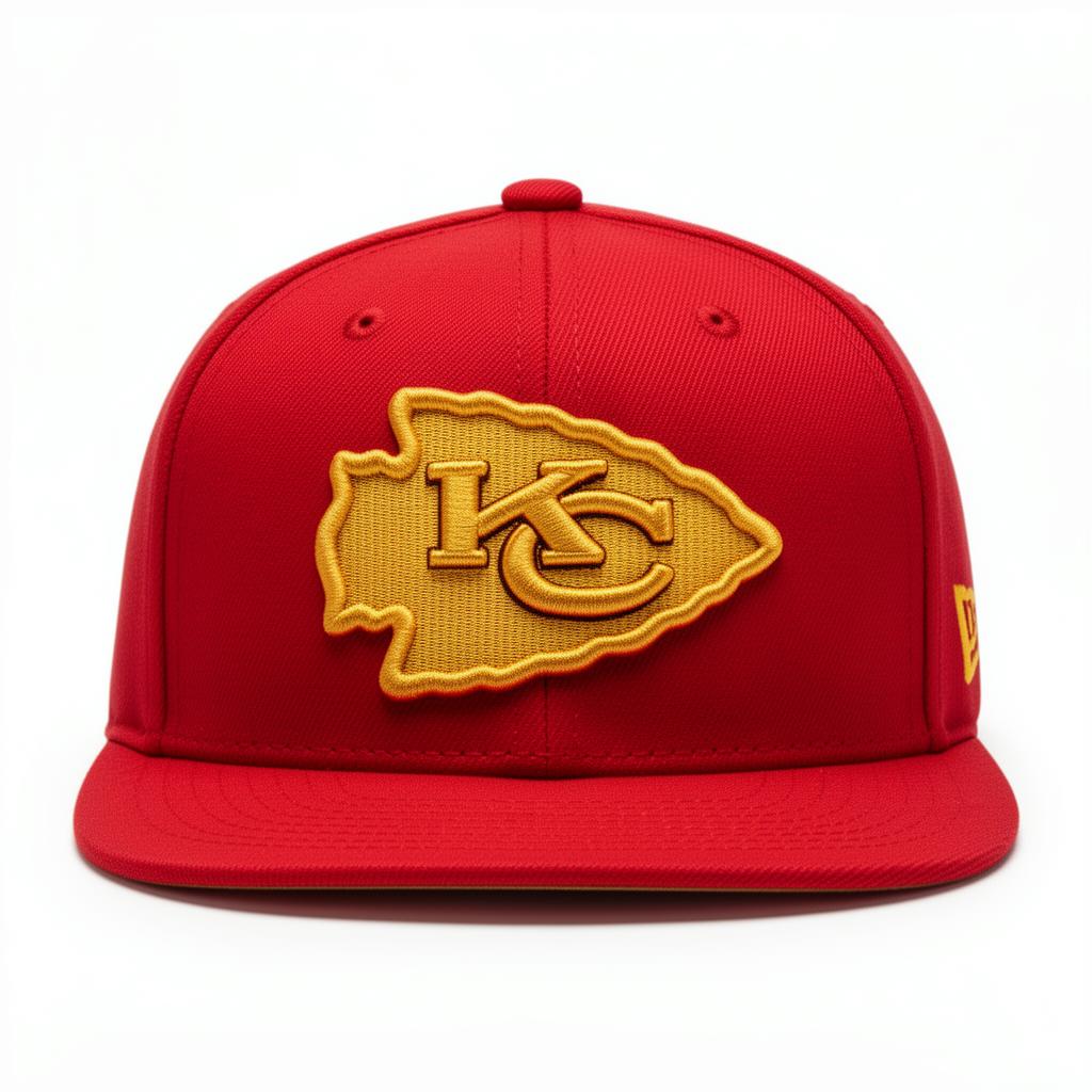 Red 5-panel hat with gold KC arrowhead embroidery