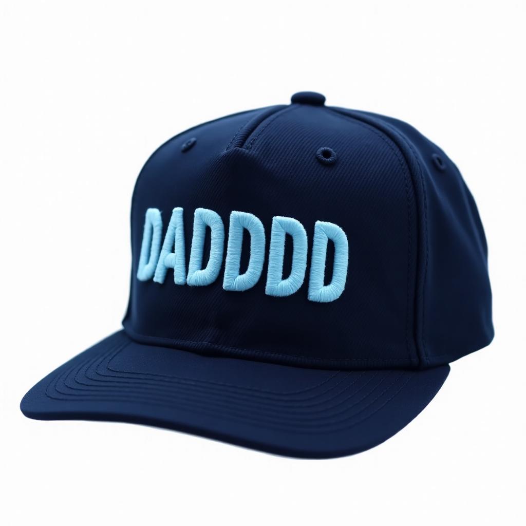 Navy blue 5-panel hat with DADDDD in baby blue embroidery